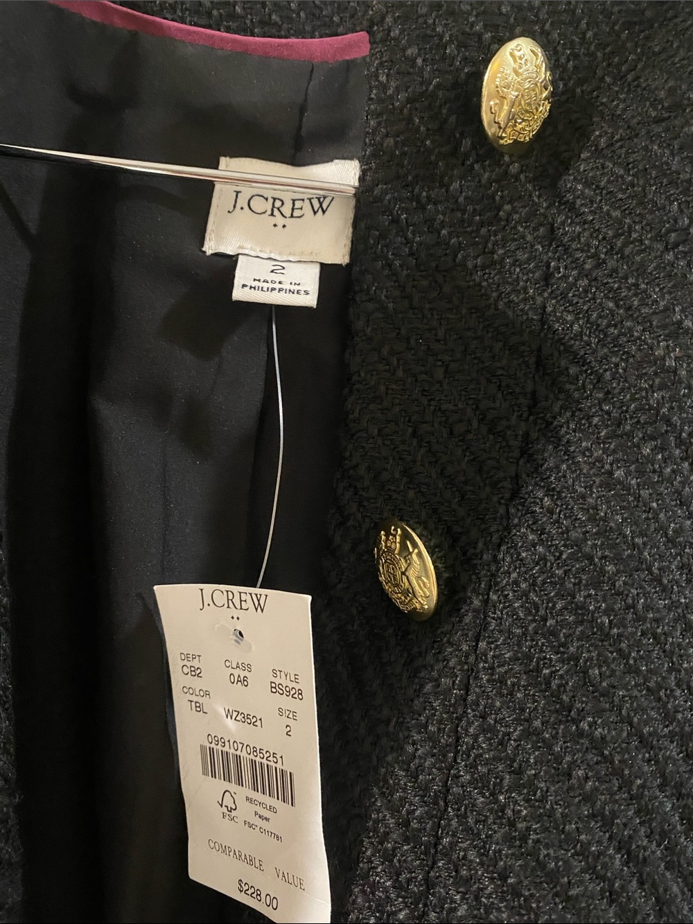 J. Crew Black Tweed Cropped Jacket with Gold Buttons - Size 2 - Picture 3 of 13